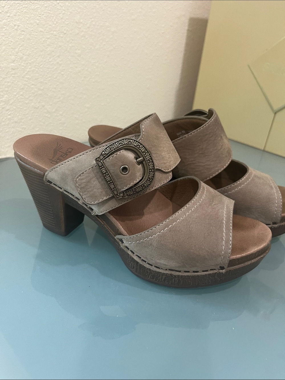 Dansko Women's Taupe Suede Buckle Block Heel Sandal size 37 or 7